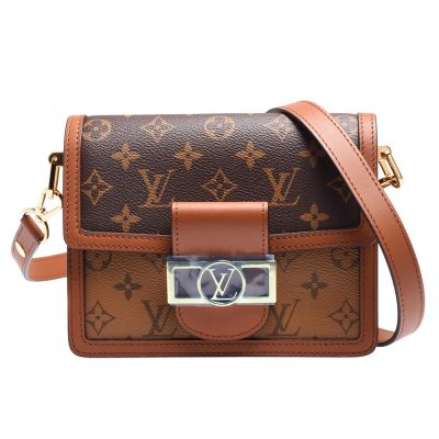 LOUIS VUITTON路易威登 LV  M44580 MINI DAUPHINE系列帆Reverse皮革飾邊帆布肩/斜背包