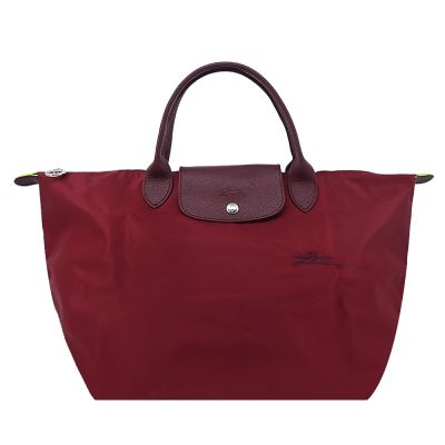 LONGCHAMP LE PLIAGE GREEN系列刺繡短把再生尼龍摺疊水餃包(中/紅石榴)