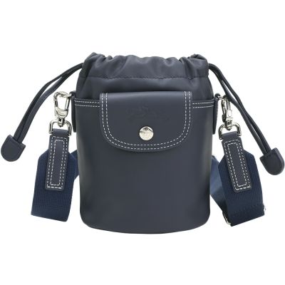 LONGCHAMP Le Pliage Xtra 奔馬烙印牛皮編織背帶抽繩水桶包(XS/深藍)