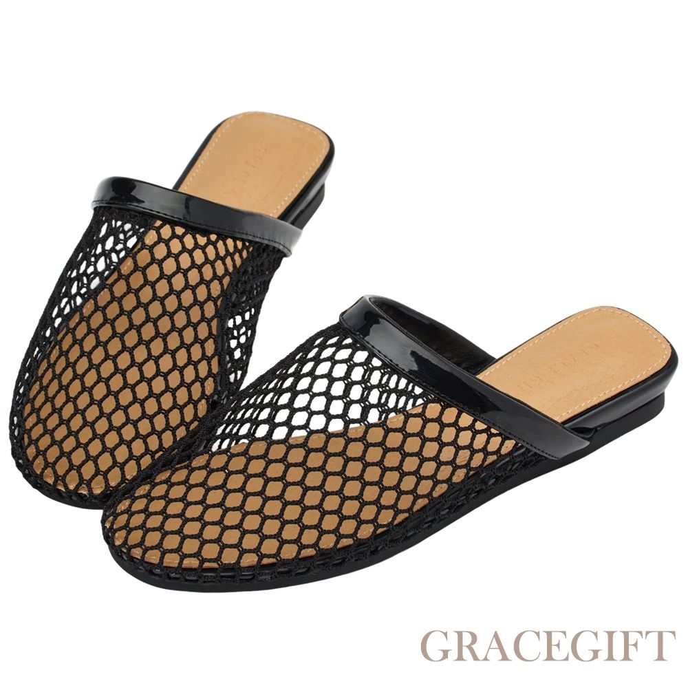 【Grace Gift】時髦漁網透感平底穆勒拖鞋 黑
