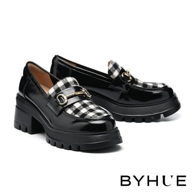 厚底鞋 BYHUE 復古文藝馬銜釦格紋布樂福軟芯厚底鞋－黑白