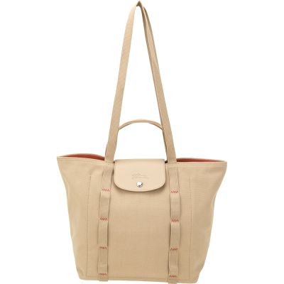 LONGCHAMP Le Pliage Collection 縫線織帶 帆布手提 肩背托特包(米色)