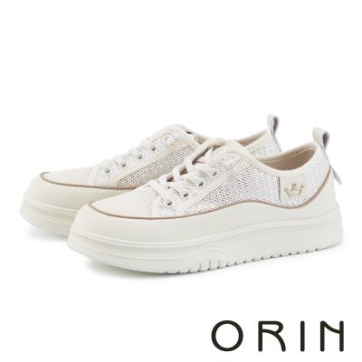 ORIN 質感系異材拼接免綁帶平底休閒鞋 米色