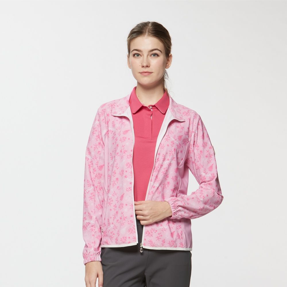 【Lynx Golf】女款彈性舒適滿版碎花造型拉鍊口袋外套(二色) (淺粉色)