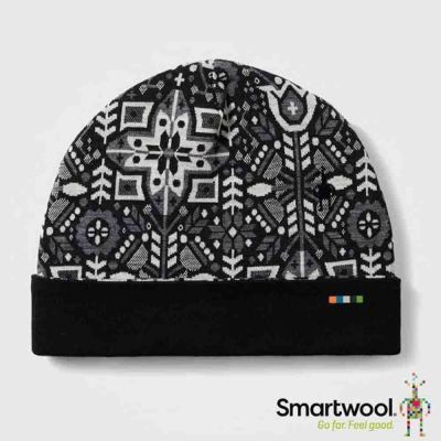 【SmartWool】Thermal 美麗諾羊毛反摺毛帽.護耳保暖帽.無邊帽/非OR Snow Travel/ SW956-P94 黑色花卉