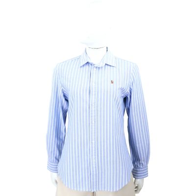 Polo Ralph Lauren 小馬刺繡純棉淺藍x白條紋長袖牛津襯衫(女款)