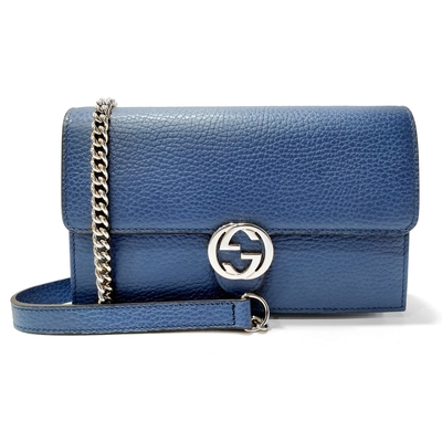 【GUCCI 古馳】615523 經典雙G金屬LOGO荔枝紋牛皮鏈帶WOC扣式斜背包 (藍色)