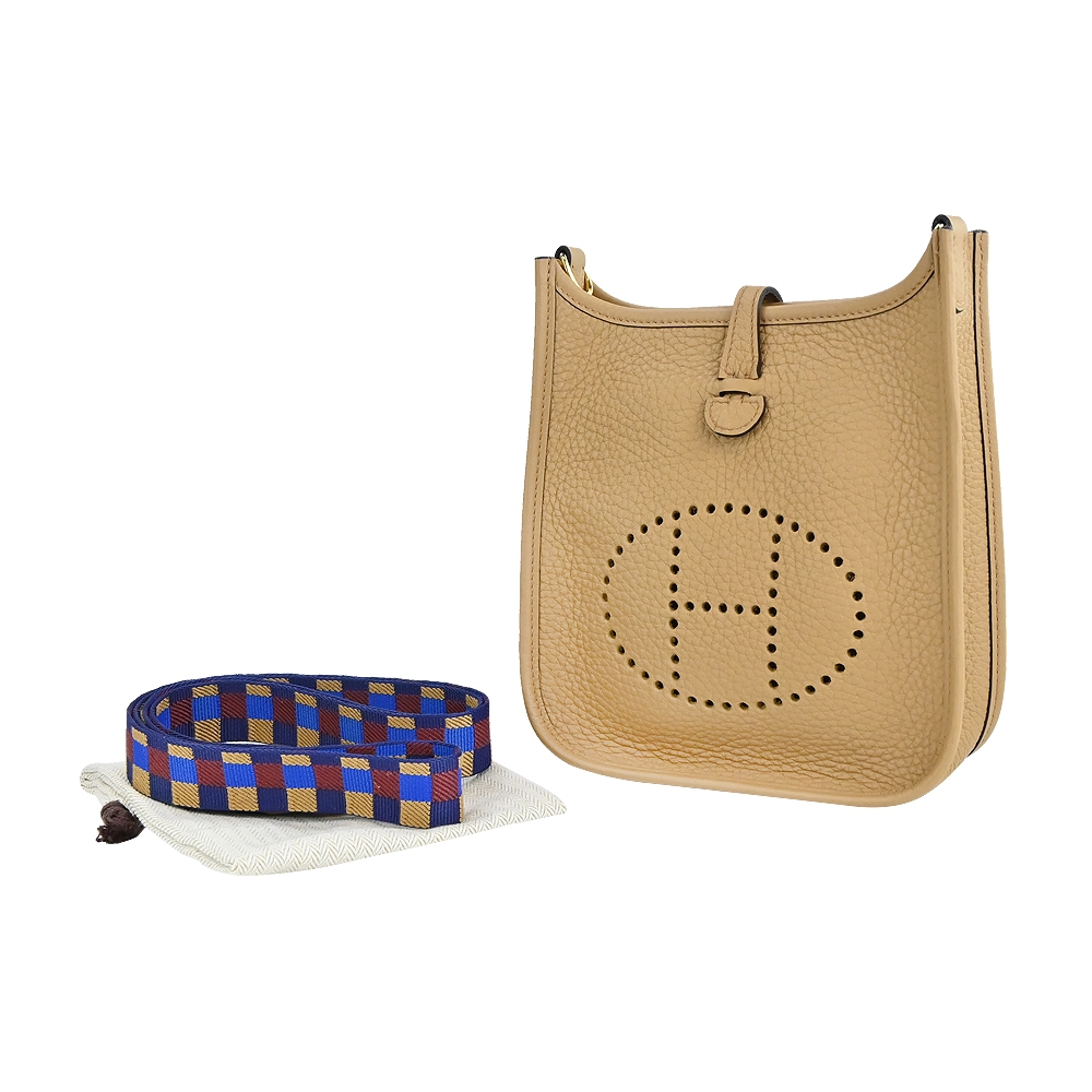 Hermes 愛馬仕Evelyne 16cm T/C H LOGO迷你牛皮編織背帶斜背包(AH奶茶
