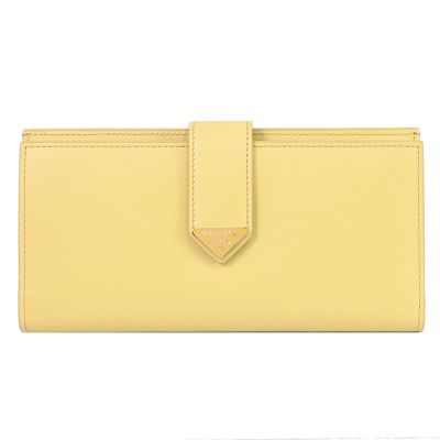 PRADA 金屬三角LOGO牛皮對開扣式零錢長夾(淺黃)