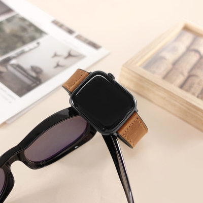 Apple Watch 全系列通用錶帶 蘋果手錶替用錶帶 黑鋼扣 外層真皮 內層橡膠錶帶-棕色