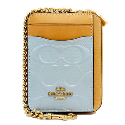COACH 經典C LOGO證件卡夾層鏈帶零錢包(漆皮-天藍)