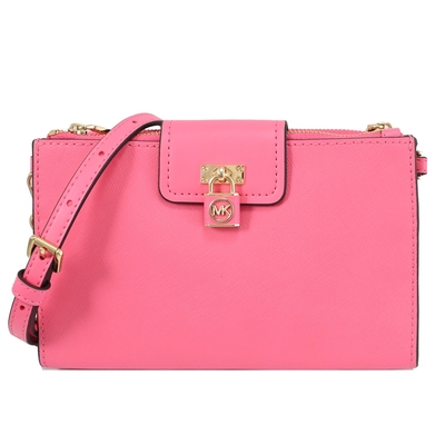 MICHAEL KORS RUBY 鎖頭造型LOGO防刮皮革雙層斜背包(亮粉)