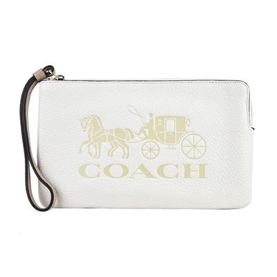 COACH 壓印馬車LOGO素面荔枝紋皮革手拿包(大/米白)