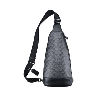 COACH黑灰C Logo PVC拼接黑色皮革直式單肩胸背斜後背男包