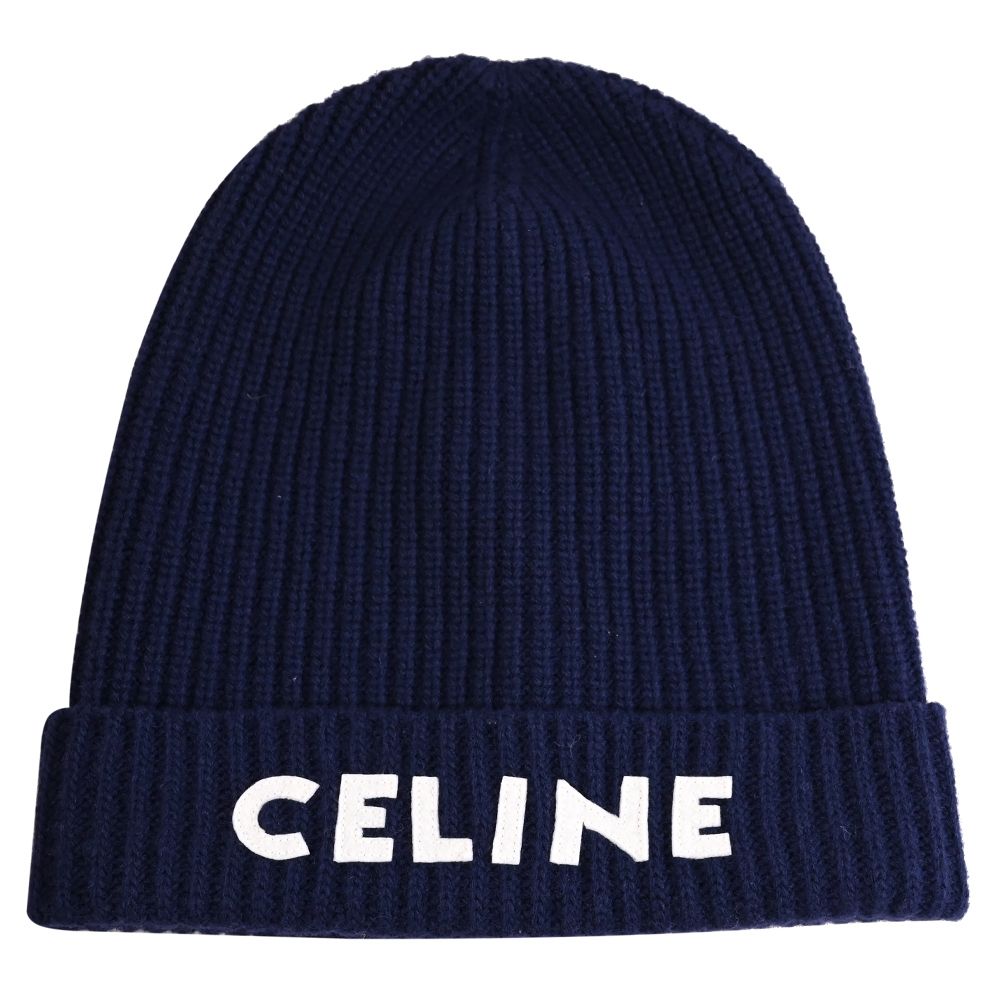 CELINE 品牌電繡LOGO羊毛保暖針織毛帽(深藍)