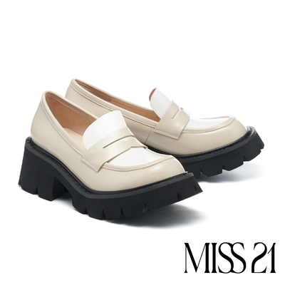 厚底鞋 MISS 21 日常跩甜學院風撞色樂福大頭厚底鞋-米