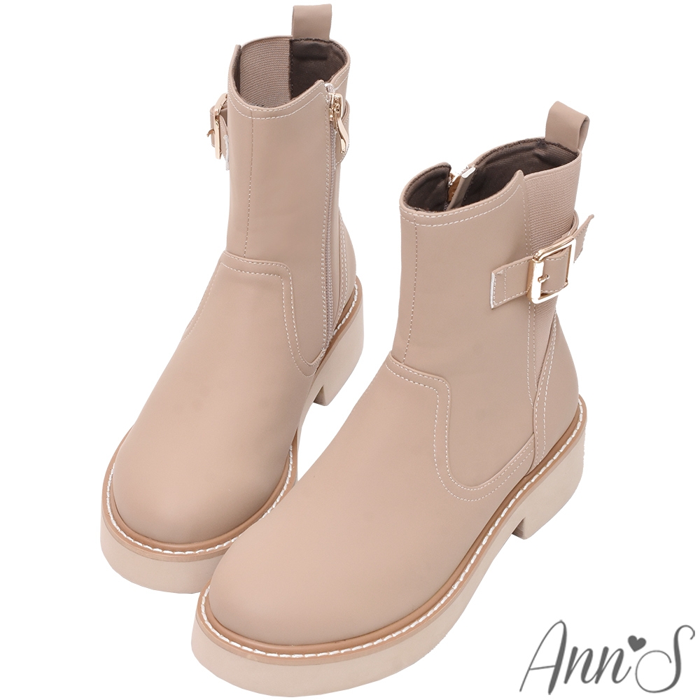 Ann’S防潑水材質-格倫達鬆緊單釦帶平底感受短靴4cm-杏