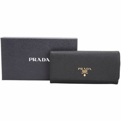 PRADA 普拉達 Saffiano 浮刻字防刮牛皮10卡翻蓋釦式長夾(黑色)