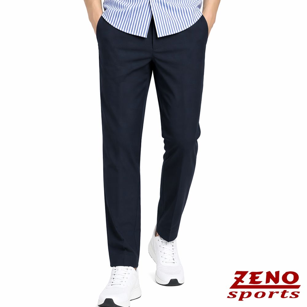 ZENO 萊賽爾涼爽棉 吸濕透氣 舒適彈性布料 男款平口休閒長褲 鉑砂紋多色任選 (海軍藍)