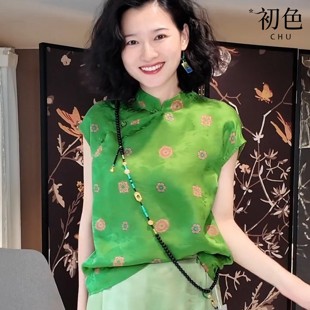 初色 新中式復古碎花印花暗紋緹花立領盤扣無袖短款旗袍襯衫上衣女上衣-綠色-12946(M-2XL可選)