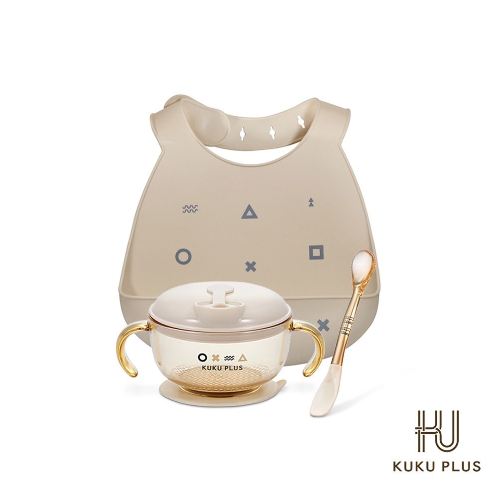 酷咕鴨 KUKU PLUS PPSU副食品餐具組合(多功能學習吸盤碗/2合1雙頭果泥湯匙/矽膠圍兜)