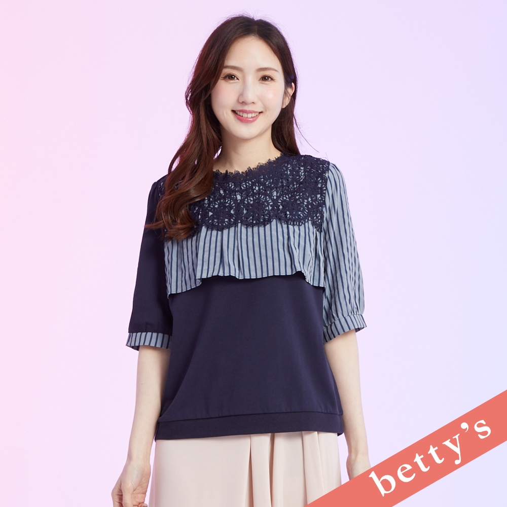 betty’s貝蒂思　鏤空蕾絲條紋拼接五分袖T-shirt(深藍) (深藍)