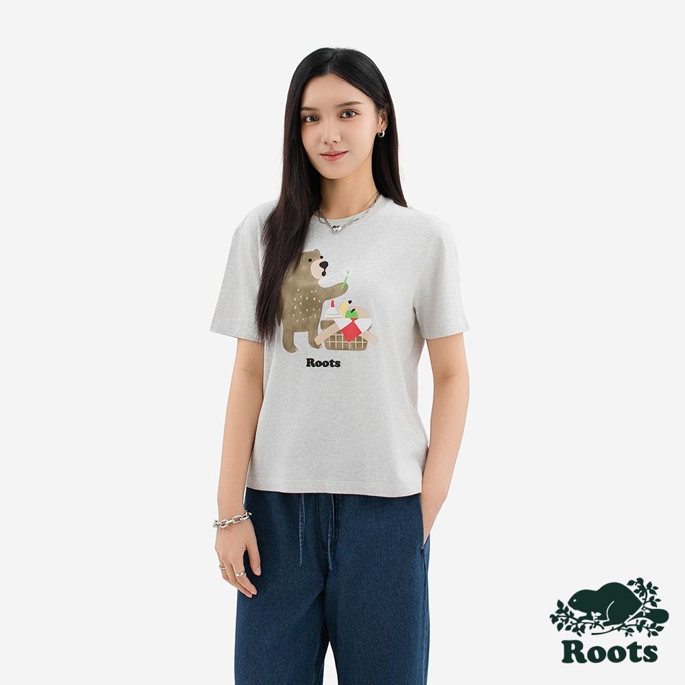 Roots 女裝- ROOTS PICNIC 短袖上衣-白麻灰