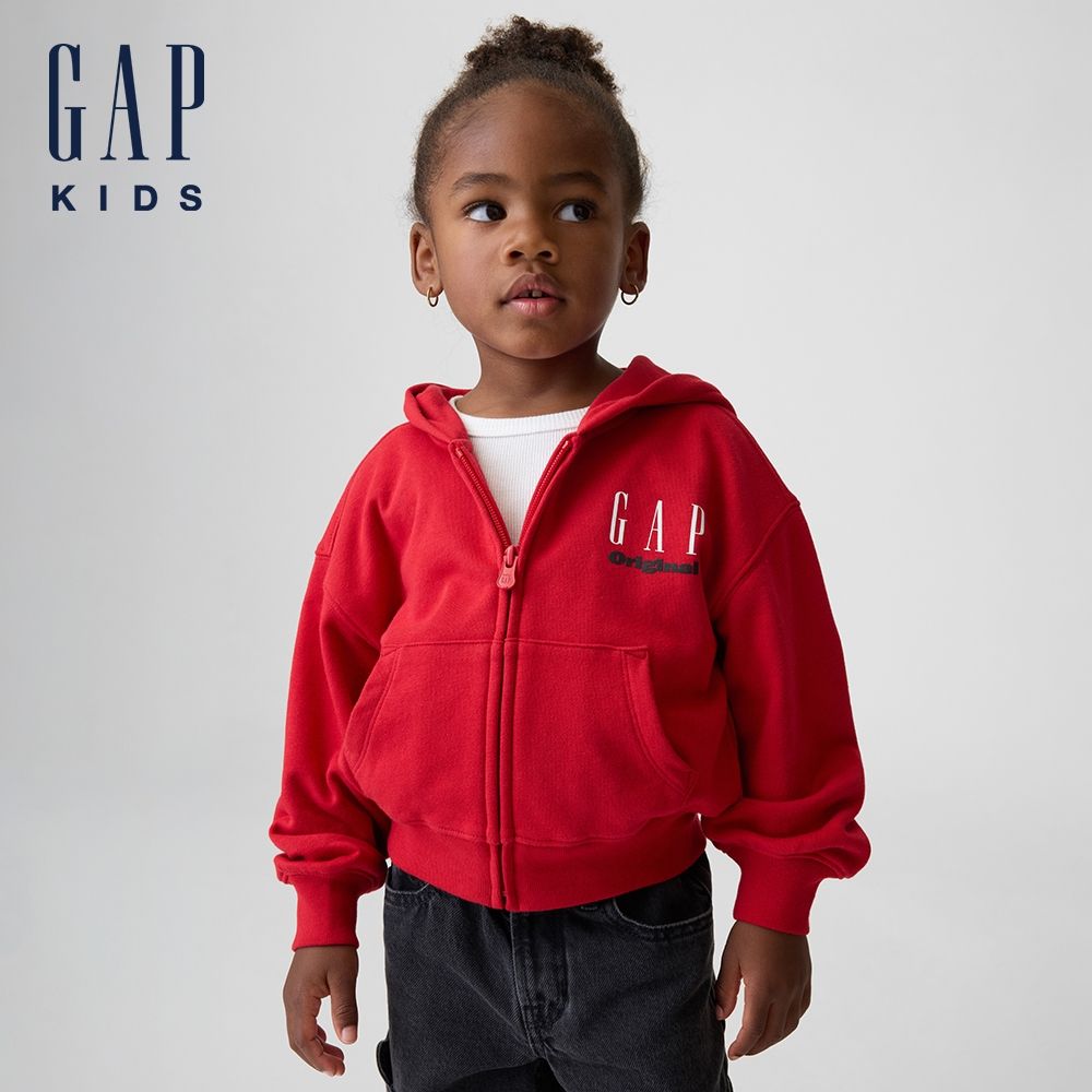 【GAP】嬰兒及幼兒VintageSoft毛圈布Gap Logo拉鍊連帽運動外套-時尚紅(911621) (時尚紅)