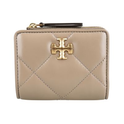 TORY BURCH Kira 黃銅T字LOGO納帕皮革菱格車縫扣式拉鍊零錢短夾(灰褐)