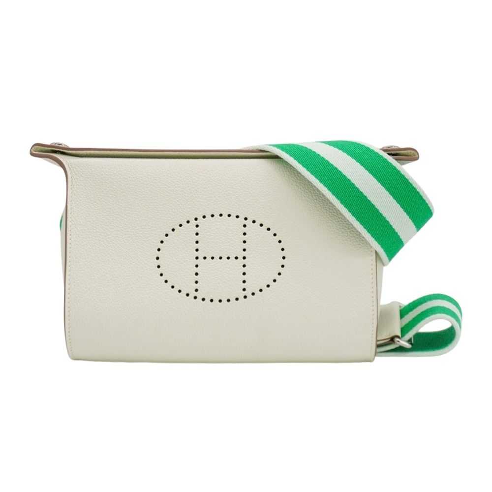 二手品 Hermes 愛馬仕 Videpoches Togo小牛皮打孔H帆布背帶斜背包(0T蘑菇白/銀扣)