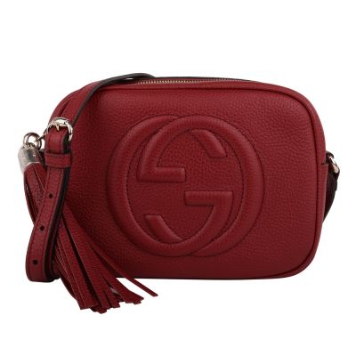 GUCCI古馳  雙G壓紋牛皮革大流蘇相機包(深紅色)