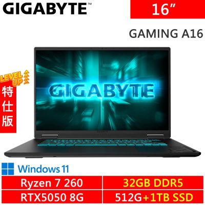 技嘉 GAMING A16 3THK3TW893SH-SP5 16吋 黑(AMD Ryzen 7 260/16G+16G/512G +1TB SSD/RTX5050 8G/W11)特仕機