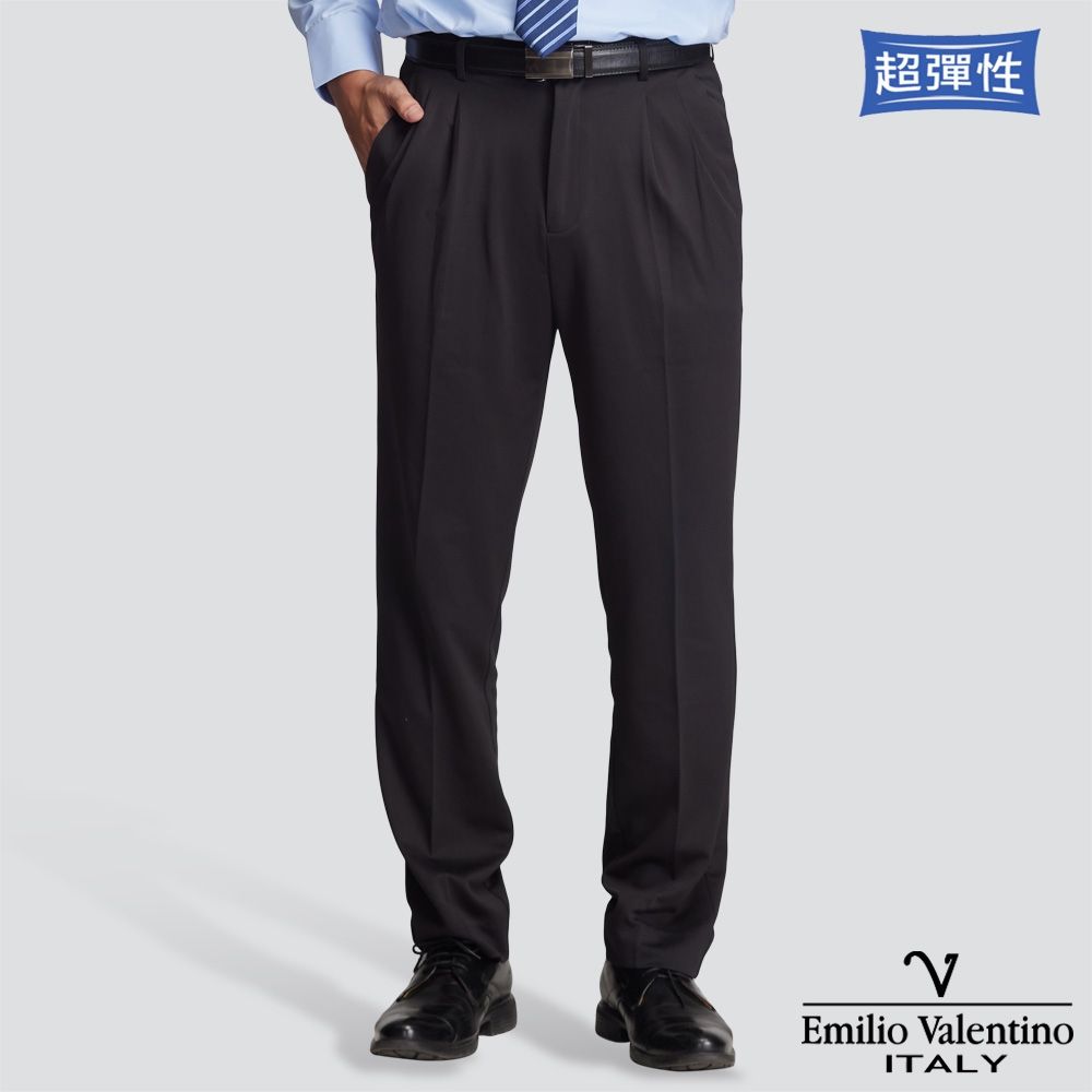 Emilio Valentino 范倫提諾特級彈性西裝褲-多款任選 (打摺 黑-1)