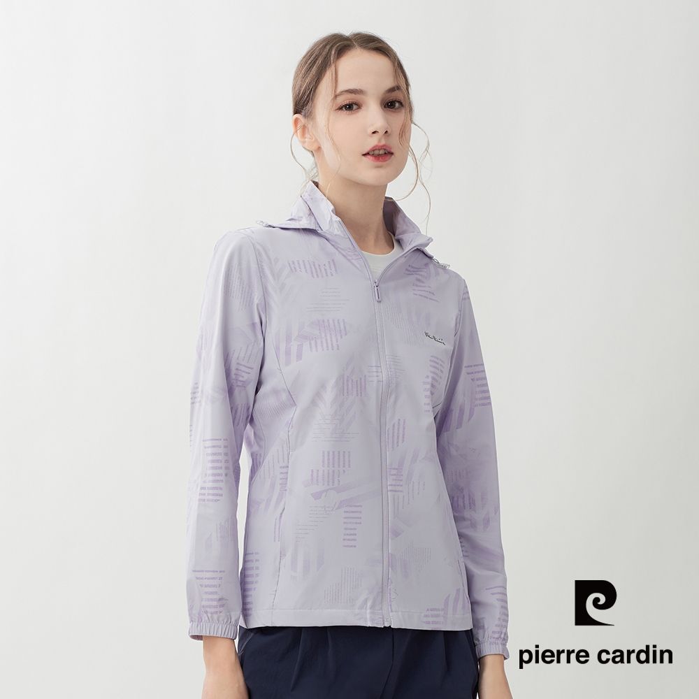 pierre cardin 皮爾卡登 網路獨家 男女款 印花防曬涼感冰絲可拆帽連帽外套(多款任選) (女款-紫色)