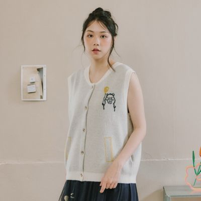【Dailo】活力水豚條碼圓領開釦式針織背心 藍 杏 灰