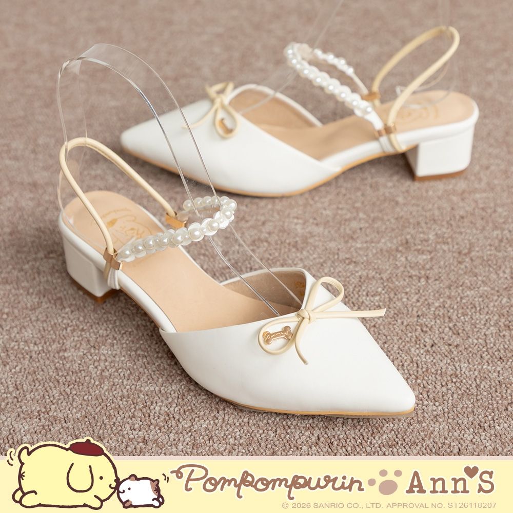 Ann’S X Sanrio三麗鷗 布丁狗聯名 優雅蝴蝶結雙色 兩穿尖頭穆勒跟鞋4cm-白