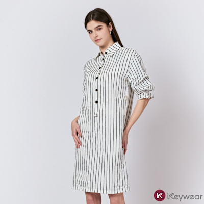KeyWear奇威名品    襯衫領棉麻條紋設計款洋裝-白色