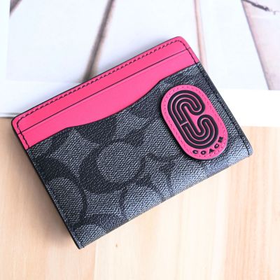 COACH 流線C LOGO撞色印花卡片包(黑灰/桃)
