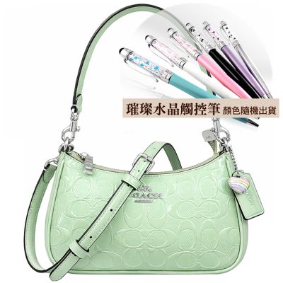 COACH 嫩芽綠色皮革大C立體浮雕小型肩背/斜背兩用包+璀璨水晶觸控筆