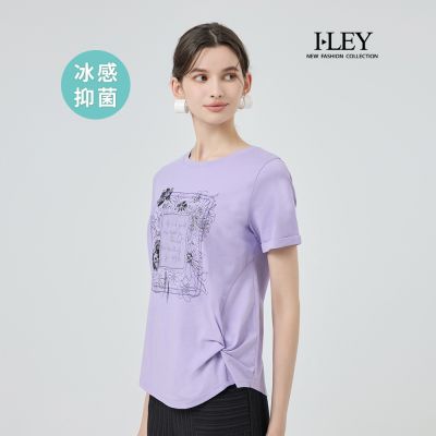 ILEY伊蕾 涼感抑菌膠印反摺袖棉質上衣(紫；M-2L)