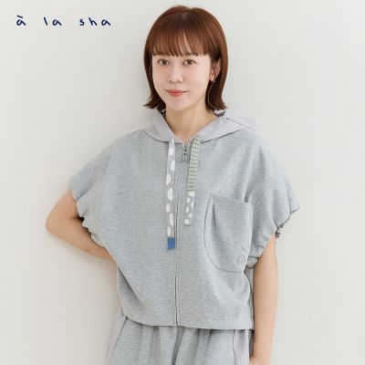 a la sha 當季魅力▼ a la sha 小方格拼接短袖連帽外套