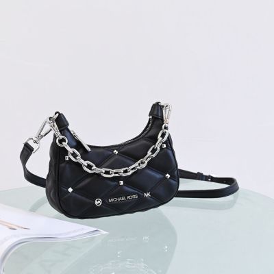MICHAEL KORS CORA 菱格車線皮革手提斜背兩用牛角包(黑)