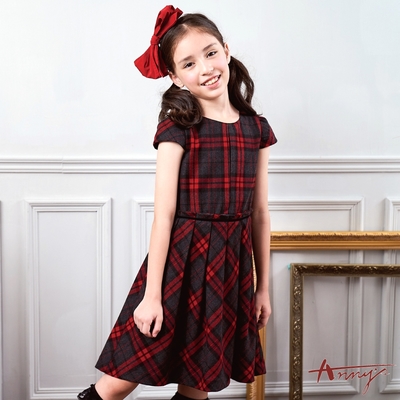 Annys安妮公主-學院格紋秋冬款綁帶半袖洋裝*9240灰色