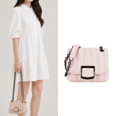 LONGCHAMP BRIOCHE系列小綿羊皮翻蓋鏈帶斜背包(迷你/淡粉)