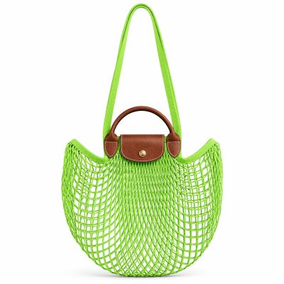 LONGCHAMP LE PLIAGE FILET系列網狀棉質手提/肩背兩用包(大/亮綠)