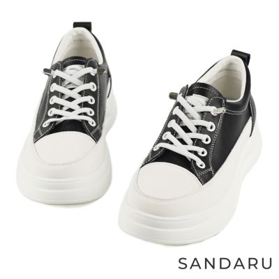 山打努SANDARU-小白鞋 真皮免綁帶厚底休閒鞋-黑