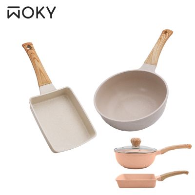 【WOKY 沃廚】極簡日日溫潤陶瓷不沾鍋系列-鑽石深炒鍋22cm含蓋＋玉子燒鍋14cm
