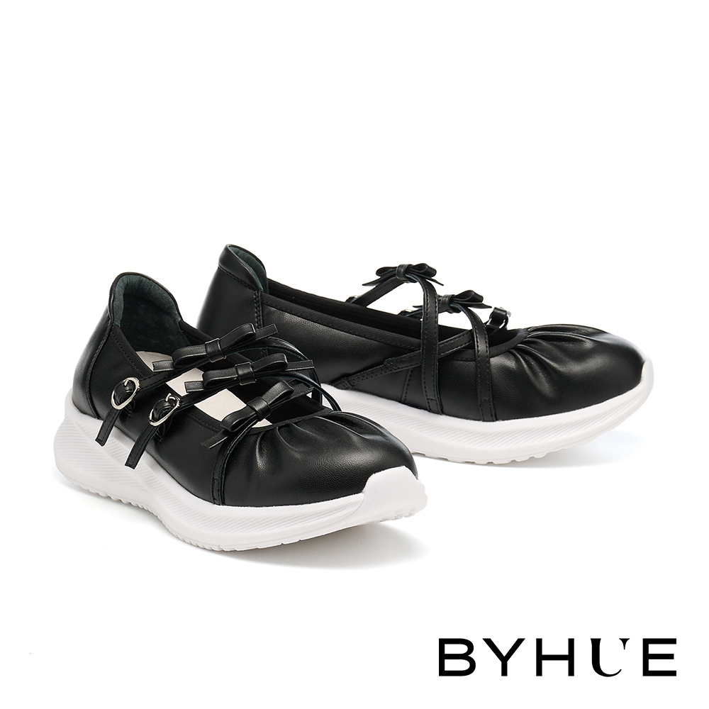 休閒鞋 BYHUE 純欲女孩蝴蝶結多繫帶瑪莉珍軟芯厚底休閒鞋－黑