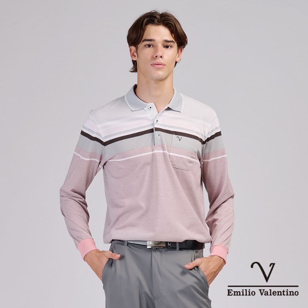 Emilio Valentino 范倫鐵諾 男 長袖POLO衫 棉質舒適透氣 口袋 上衣 薄長袖_灰/白/粉橘(15-6V0955)