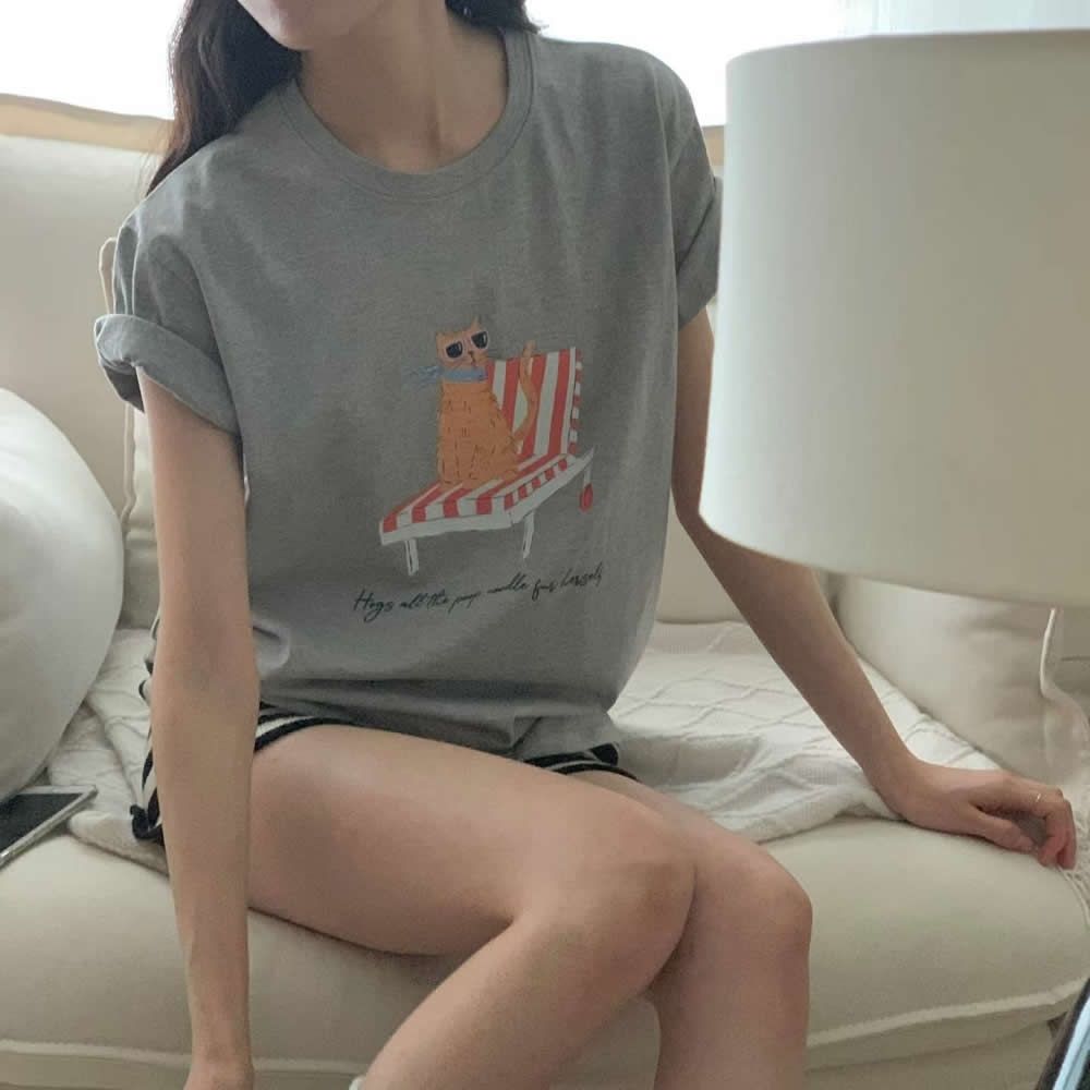 正韓女上衣 渡假貓短袖T恤FIE1191-創翊韓都